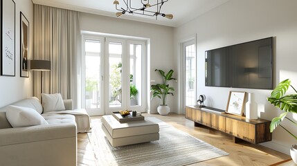 Canvas Print - A view of a tidy bright living room in the apartment which is modernly decorated point of view