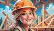 A young beautiful woman builder in a hard hat works joyfully and with a smile on the construction of a house.