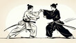 martial arts. Pair of men, sparring natural ring. Aikido.