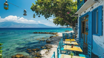 Greek culture with traditional white and blue greek architecture, taverna by the sea