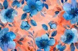 Watercolor turquoise floral pattern on peach background.