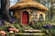 Large mushroom house with a red door within an enchanted forest, giving a fairytale vibe