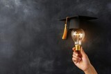 Fototapeta Kosmos - Hand holding a light bulb with graduation hat, concept of graduation, creativity, knowledge.