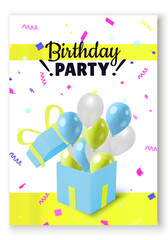 Fototapete - Multicolor confetti with gift box and balloons happy birthday celebration design flyer