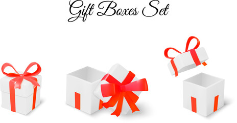 Fototapete - Gift boxes set 3D white with red ribbons