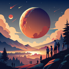 Wall Mural - Majestic Sunset View with Spectacular Giant Planet and Observers