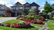 © buraratn - Front yard landscaping with manicured lawns and vibrant flower beds, enhancing curb appeal and welcoming guests.