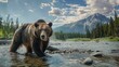 © DS Showcase - A grizzly bear walking in a river with a mountain in the background