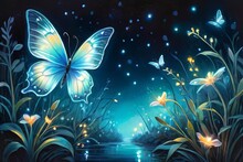 Abstract Glade In Magic Forest. Mysterious Colorful Landscape With Blue Light, Fabulous Butterflies And Plants. Fantastic 