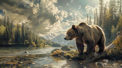 A grizzly bear walking in a river with a mountain in the background