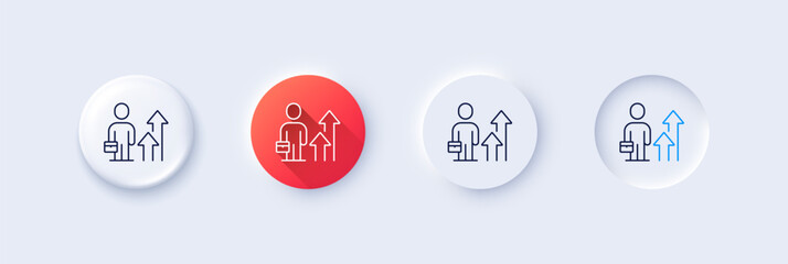 Poster - business results line icon. neumorphic, red gradient, 3d pin buttons. person with suitcase sign. lea