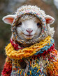 A cute sheep wears warm colored woolen clothing