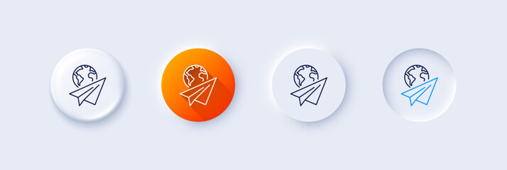 Poster - Paper plane line icon. Neumorphic, Orange gradient, 3d pin buttons. International flight sign. Online travel symbol. Line icons. Neumorphic buttons with outline signs. Vector