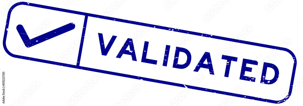 Grunge blue validated word with right check mark icon square rubber ...