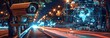Advanced night vision security camera monitoring urban traffic with digital cybersecurity overlay
