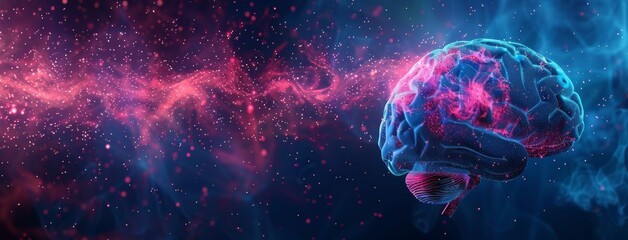 Poster - Vibrant brain concept in space with glowing particles and dynamic energy