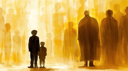 children stand on the ground, behind them is father, a little higher is a translucent grandfather, behind them are the silhouettes of deceased relatives, the power of the family