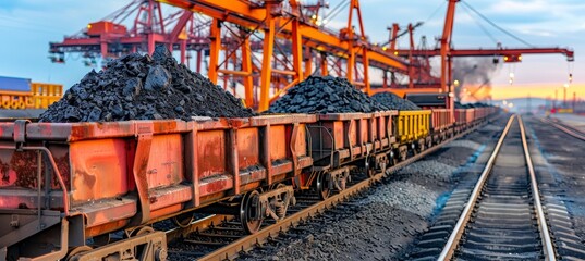 Coal transport wagon  mining and export concept on blurred background with copy space