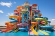 Many colorful slide in water park