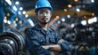 Portrait of a Maintenance Engineer in Uniform and Hard Hat at a Factory. Concept Industrial Setting, Hard Hat, Engineer Uniform, Factory Background, Technical Equipment