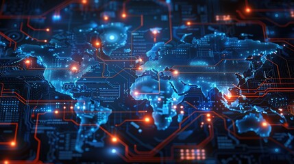 Leinwandbilder - World map digital tech circuit board background