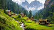 valley in the mountains with wooden houses. AI generative.