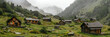 valley in the mountains with wooden houses. AI generative.