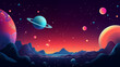 A space scene with a large planet in the center and several smaller planets surrounding it. Colorful sky with mountains in the background