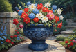 Illustration of blue decorative planter filled with colorful spring flowers on patio