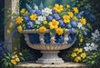 Illustration of decorative stone planter filled with colorful spring flowers
