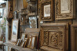 Wood workshop filled with vintage wooden picture frames hanging on the wall. The rich, weathered wood has aged gracefully, showcasing intricate carvings and detailing that tell stories of the past