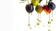 Olive oil dripping from fruits isolated on white background and text space