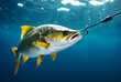 Close-up shot of fish and fish hook underwater, pond or river. Fishing advertising background, illustration. Good fishing concept. Copy ad text space