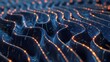 Glowing blue and golden wireframe wavy topographic tech background. Generative AI