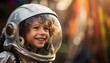 The photo shows a young boy dressed in an astronaut's helmet. The boy is smiling and looking to the right. The background is blurred and out of focus.