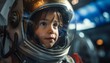 The photo shows a young child dressed in a spacesuit with a helmet on