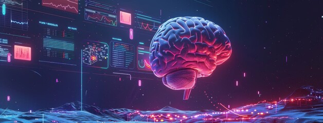 Poster - Futuristic brain visualization with digital data and neon lights