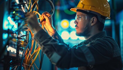 An internet technician maintains a fiber optic connection