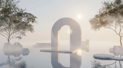 Canvas Print - Minimalist design, a pure white floating island in the air, a pure white decorated archway model of Chinese traditional stone with 3 doorways, the model is decorated with gold embellishing, fog, Zen, 