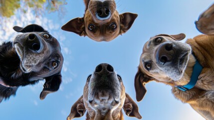 Sticker - Wide angle view of dogs looking at camera outdoor