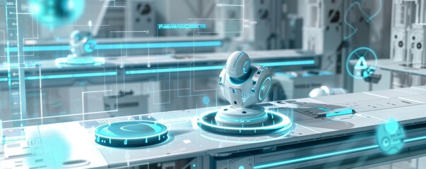 Poster - Futuristic automated factory floor with robotic arms and digital displays