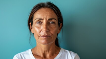 Wall Mural - Smiling middle aged woman in 1950s style, white t shirt, pastel background close up shot