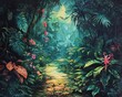 A vibrant painting of a lush tropical rainforest with a winding path leading through dense foliage, exotic flowers, and sunlight filtering through the canopy.