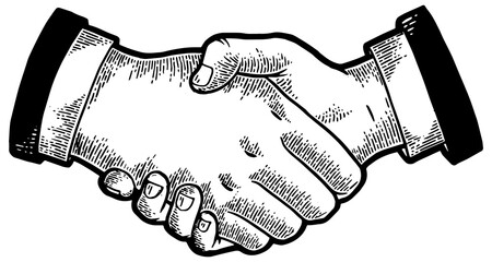 Wall Mural - Businessmen handshake sketch engraving PNG illustration. Scratch board style imitation. Black and white hand drawn image.