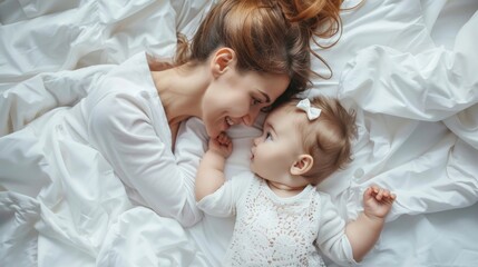 Happy mom with smiling cute baby in bed.