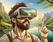 © stéphane huvé - Man Experiencing Virtual Reality Ship Simulation with nature landscape travel concept