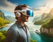 © stéphane huvé - Man Experiencing Virtual Reality Ship Simulation with nature landscape travel concept