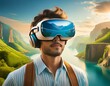 © stéphane huvé - Man Experiencing Virtual Reality Ship Simulation with nature landscape travel concept