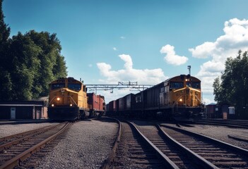 Wall Mural - 'station freight trains train cargo industry junction railway shipping sunset transit transportation carriage cloud commercial dark deliver delivery depot dusk economy electrified'