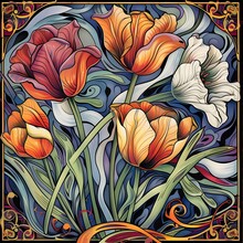 Vibrant Tulip Flowers In Ornate Art Nouveau Style With Swirling Tendrils And Intricate Patterns